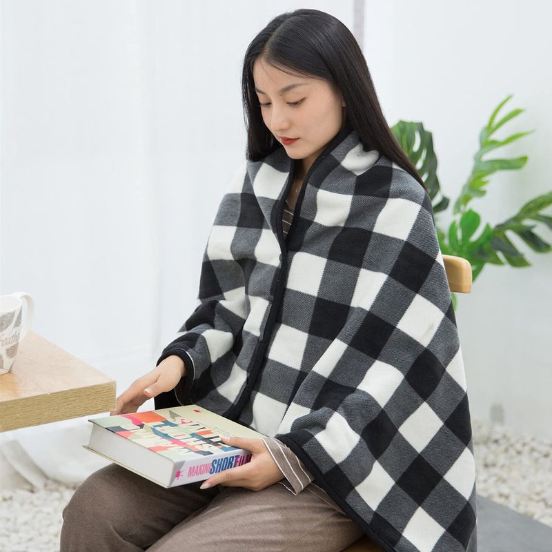 forestfish Fleece Wearable Blanket, Plaid Lap Blanket Comfy Poncho Throw with Buttons for Bed Sofa Office, Black-White - Image 3